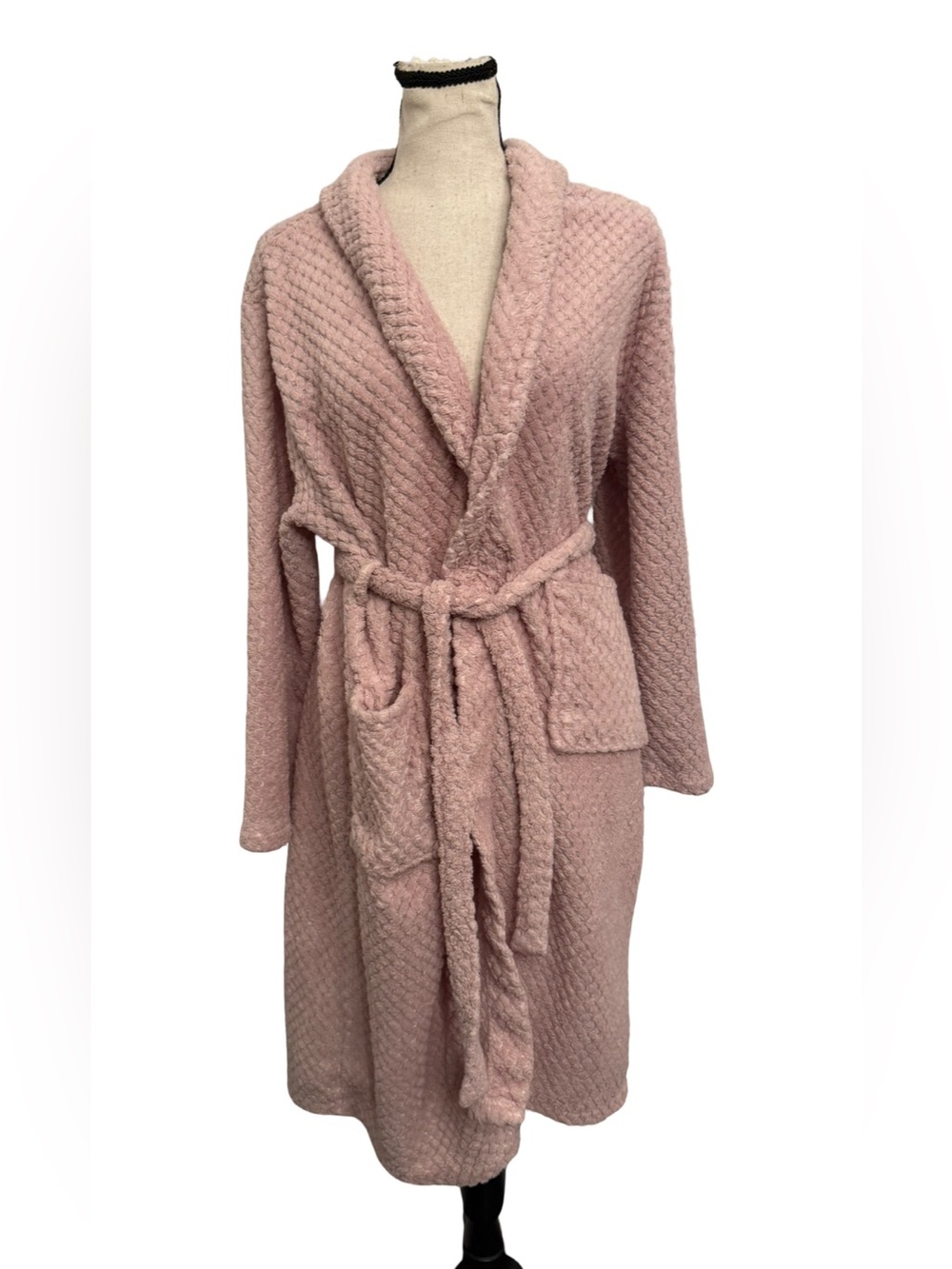 Betsey Johnson Pink Plush Textured Robe One Size Belted Shawl Collar Pockets